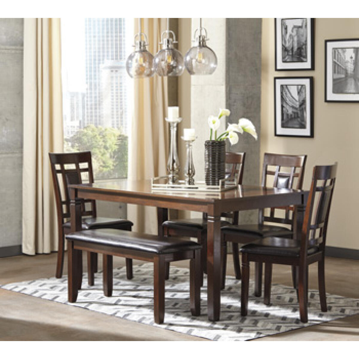 218349f837cfb0642700574c6618b8df Bennox Dining Table and Chairs with Bench (Set of 6) - Image 1