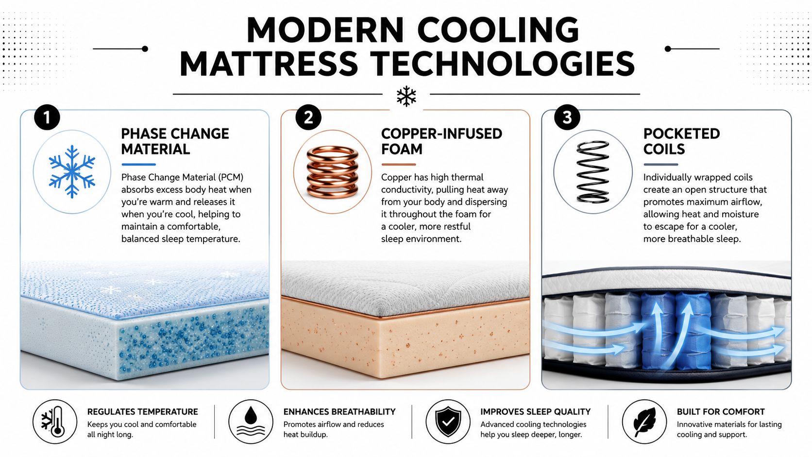 An infographic illustrating three modern cooling mattress technologies including phase change material, copper-infused foam, and pocketed coils.