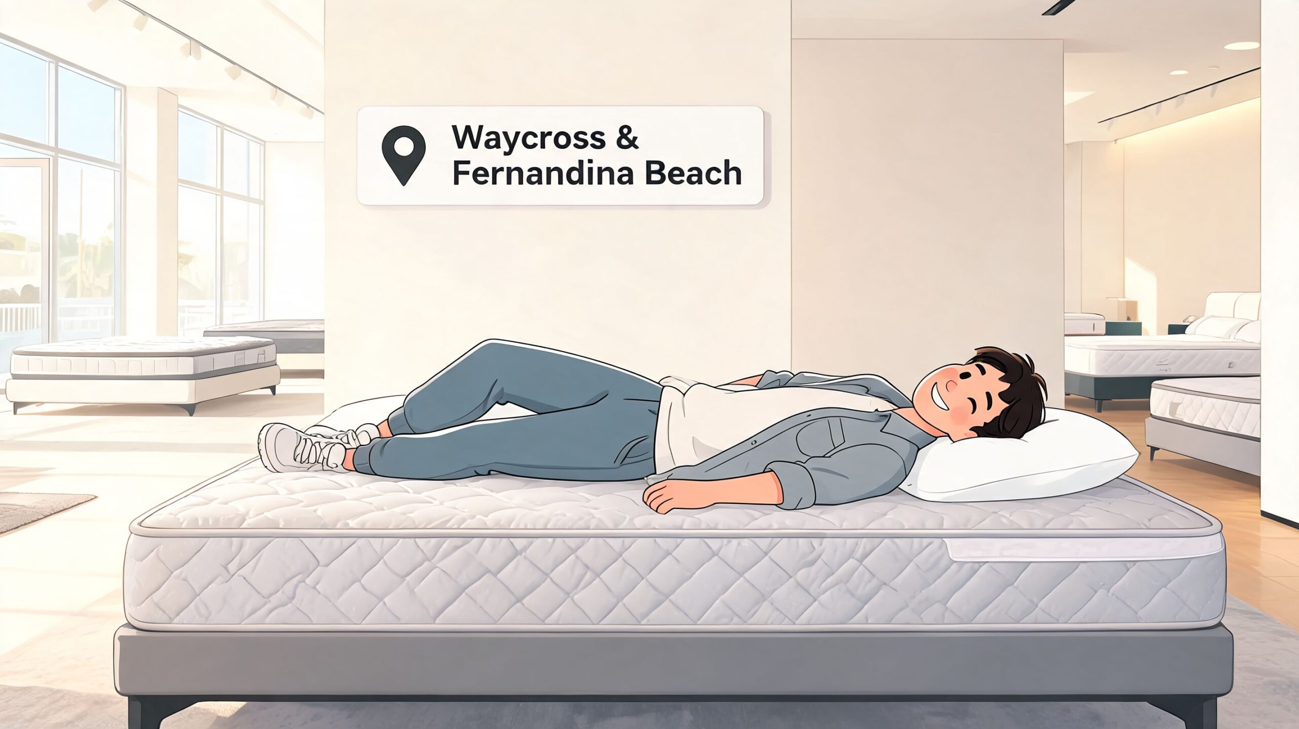 A happy man testing a comfortable mattress in a modern furniture store showroom with bright lighting.