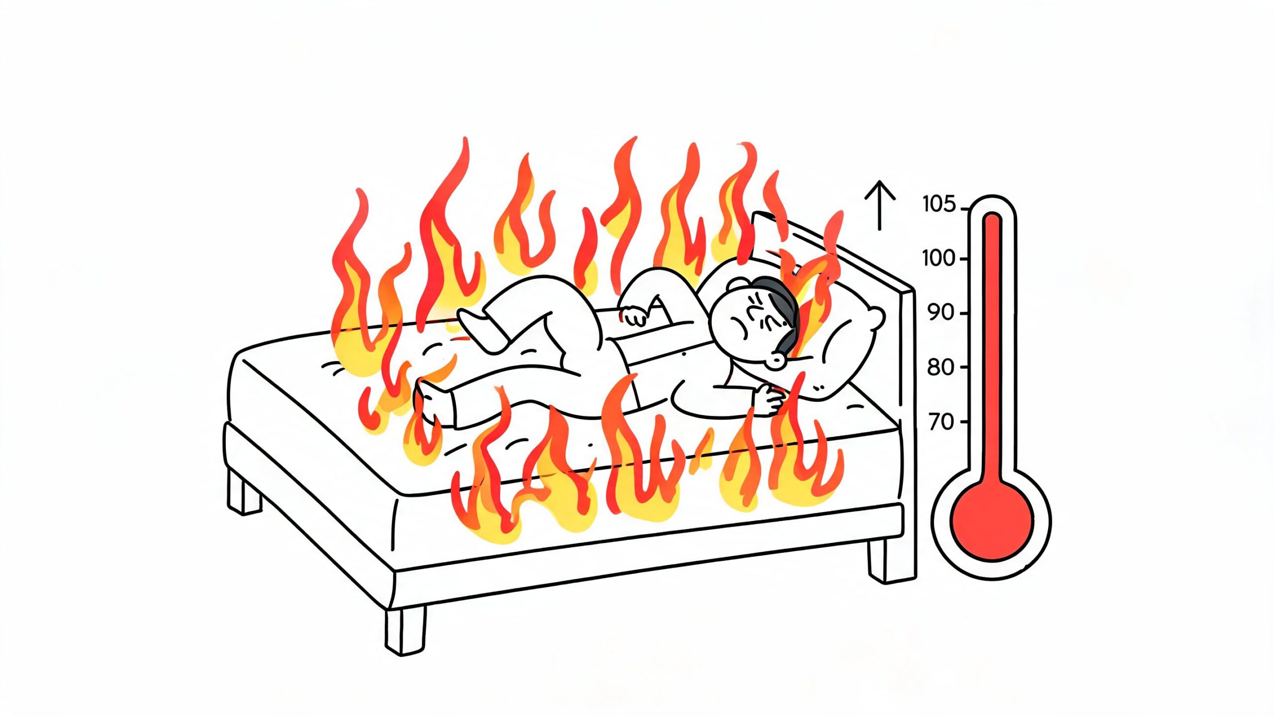 A cartoon illustration of a person sweating while sleeping on a hot mattress with a temperature gauge.