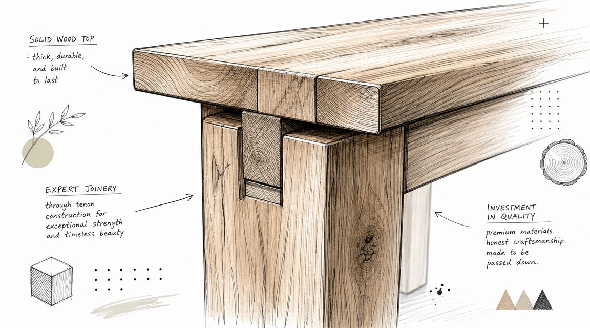 A detailed technical sketch showing the solid wood construction and expert joinery of a dining bench.