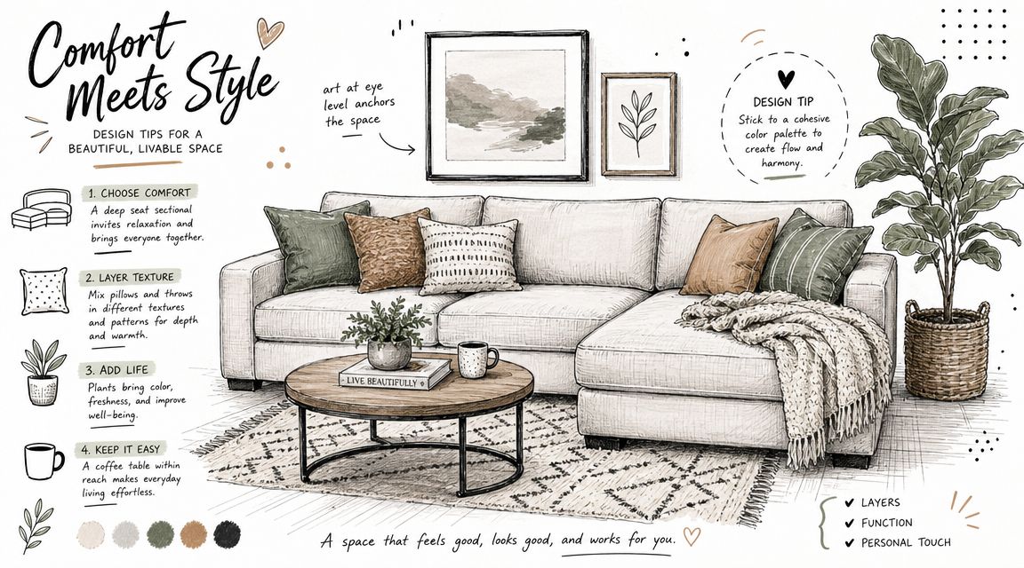A hand-drawn illustration showing interior design tips for styling a cozy fabric sectional sofa living space.