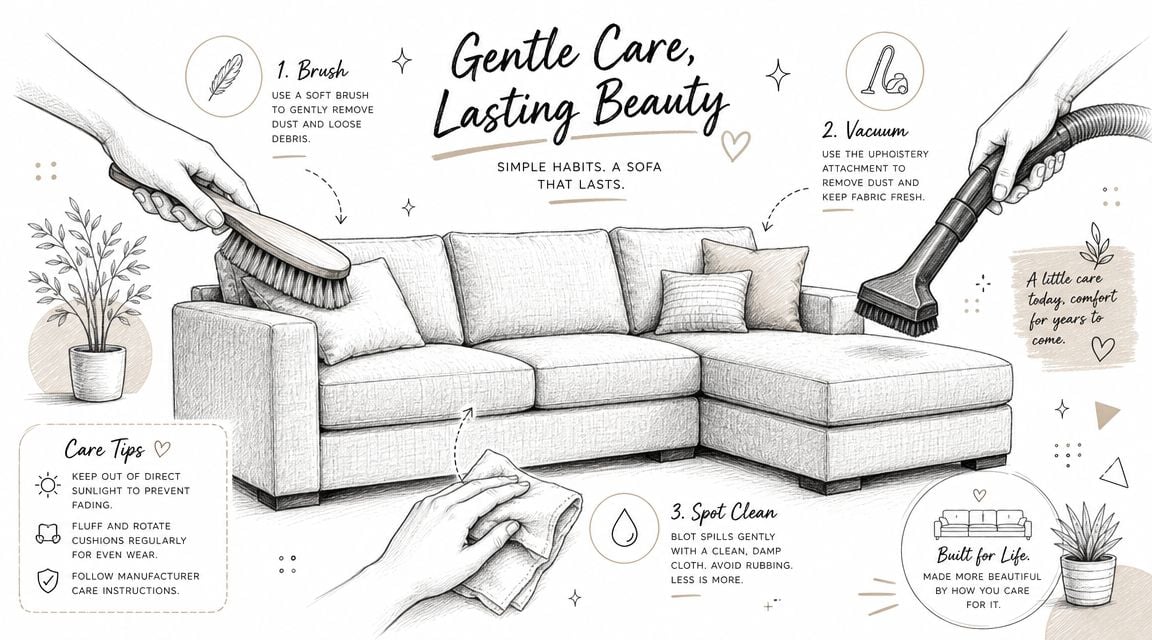 A hand-drawn illustration showing three steps for cleaning and maintaining a modern fabric sectional sofa.