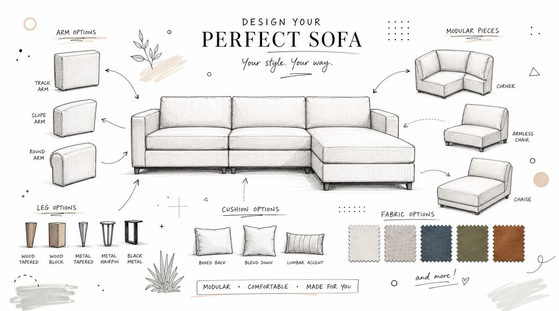 A hand-drawn infographic showing various customization options for a modular sofa including arm styles, legs, and fabric.