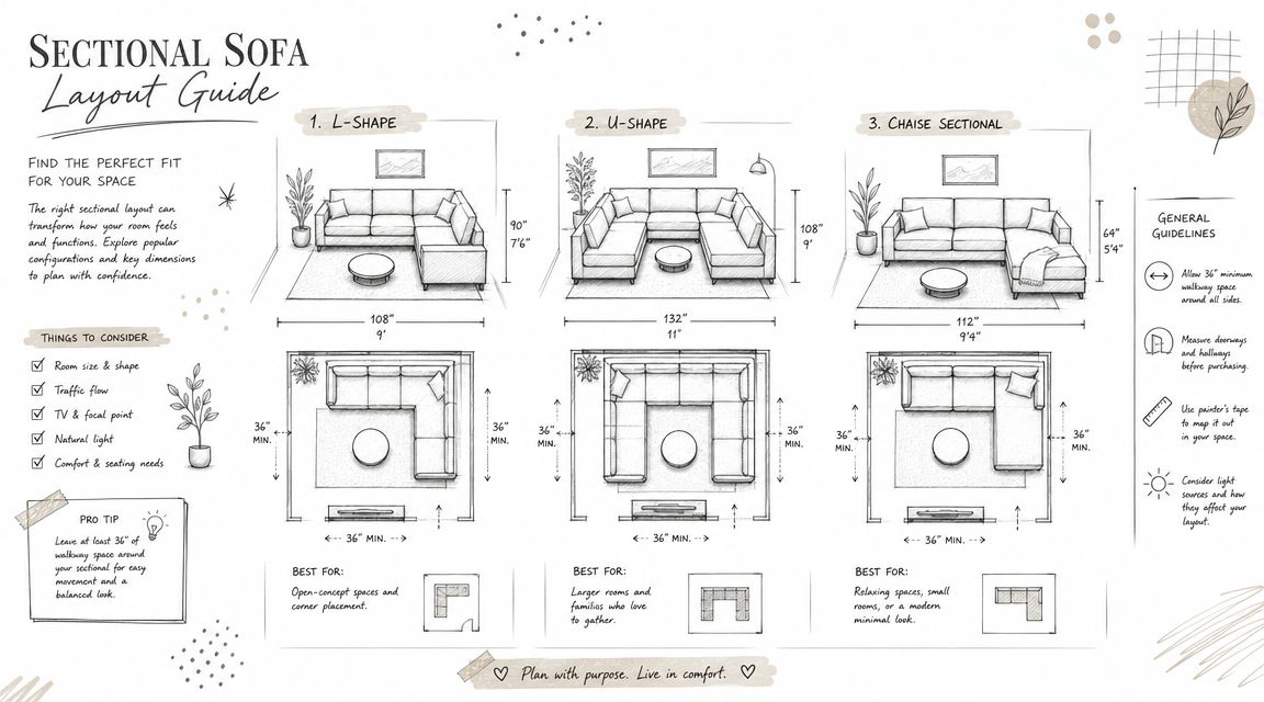 A sectional sofa layout guide illustrating L-shape, U-shape, and chaise configurations with measurements for room planning.