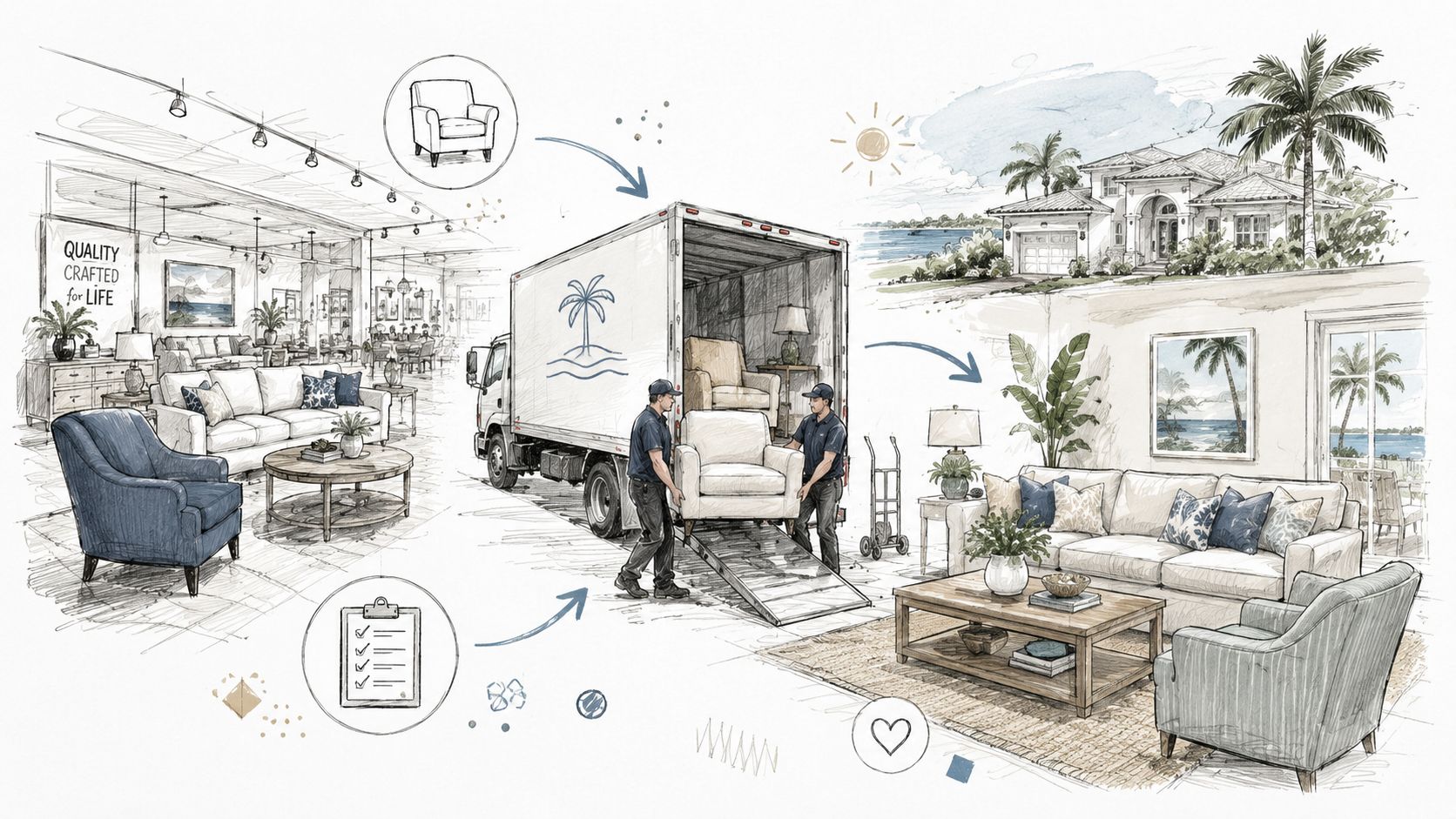 A professional furniture delivery team moves pieces from a furniture showroom into a luxury waterfront home.