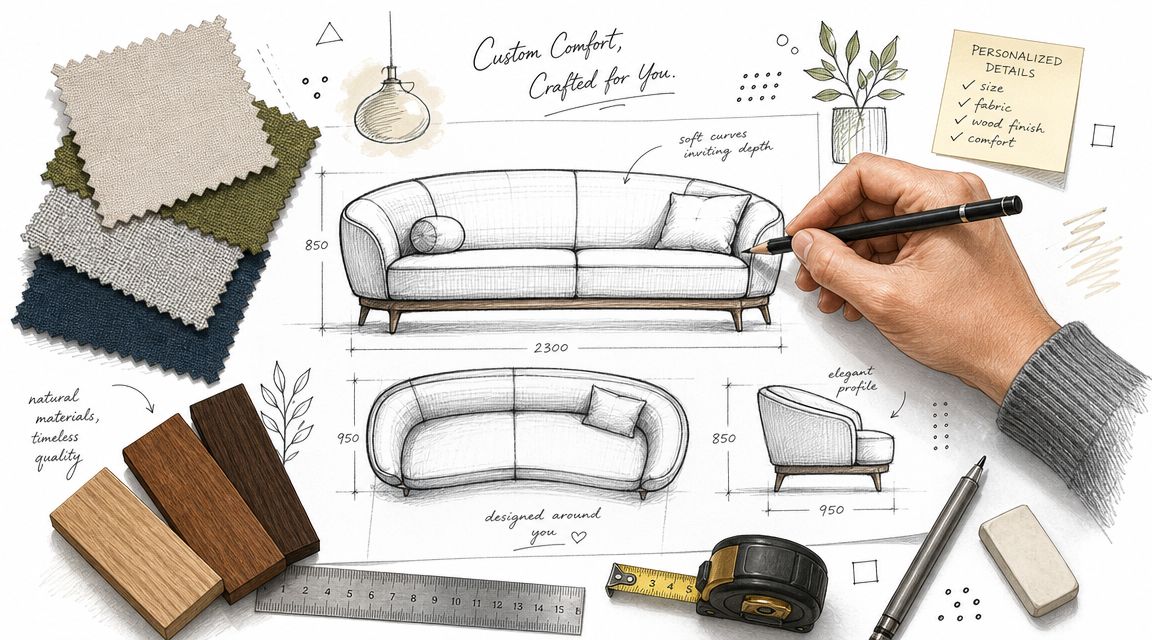 A hand sketching a custom sofa design with fabric swatches, wood samples, and measuring tools on a table.