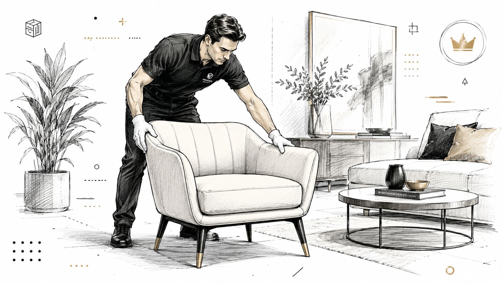 A professional mover in uniform carefully positioning a modern, elegant cream-colored armchair in a living room.