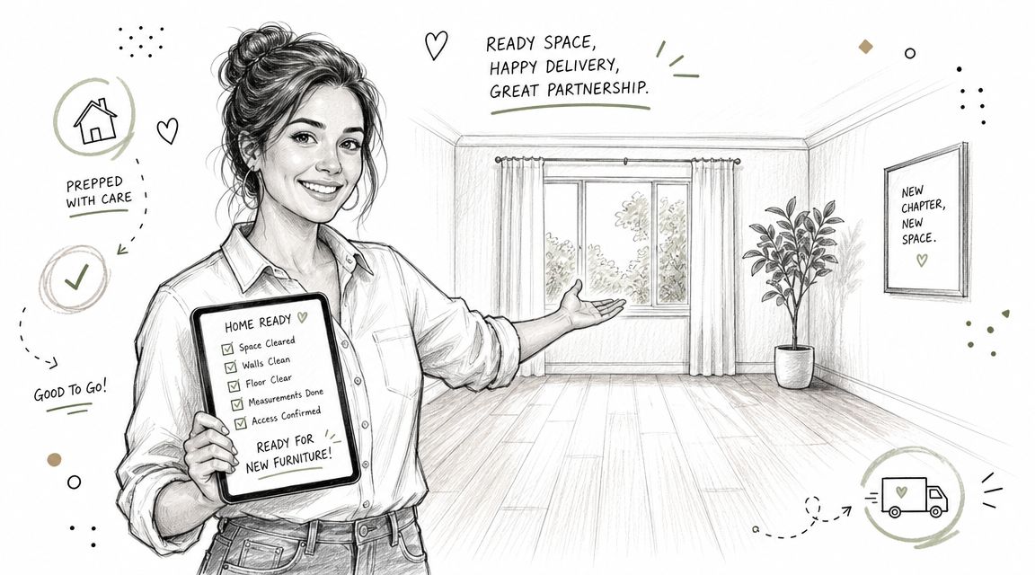 A smiling woman holding a tablet showing a home preparation checklist, gesturing toward an empty room.