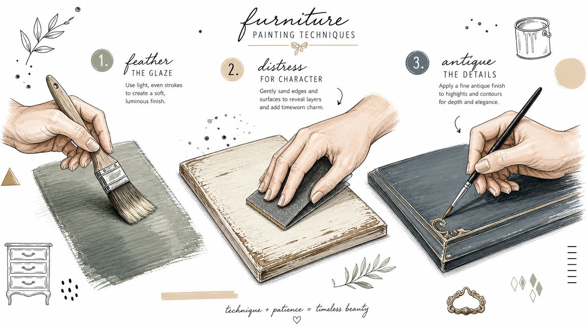 An illustrated instructional graphic detailing three furniture painting techniques including glazing, distressing, and antique detailing.
