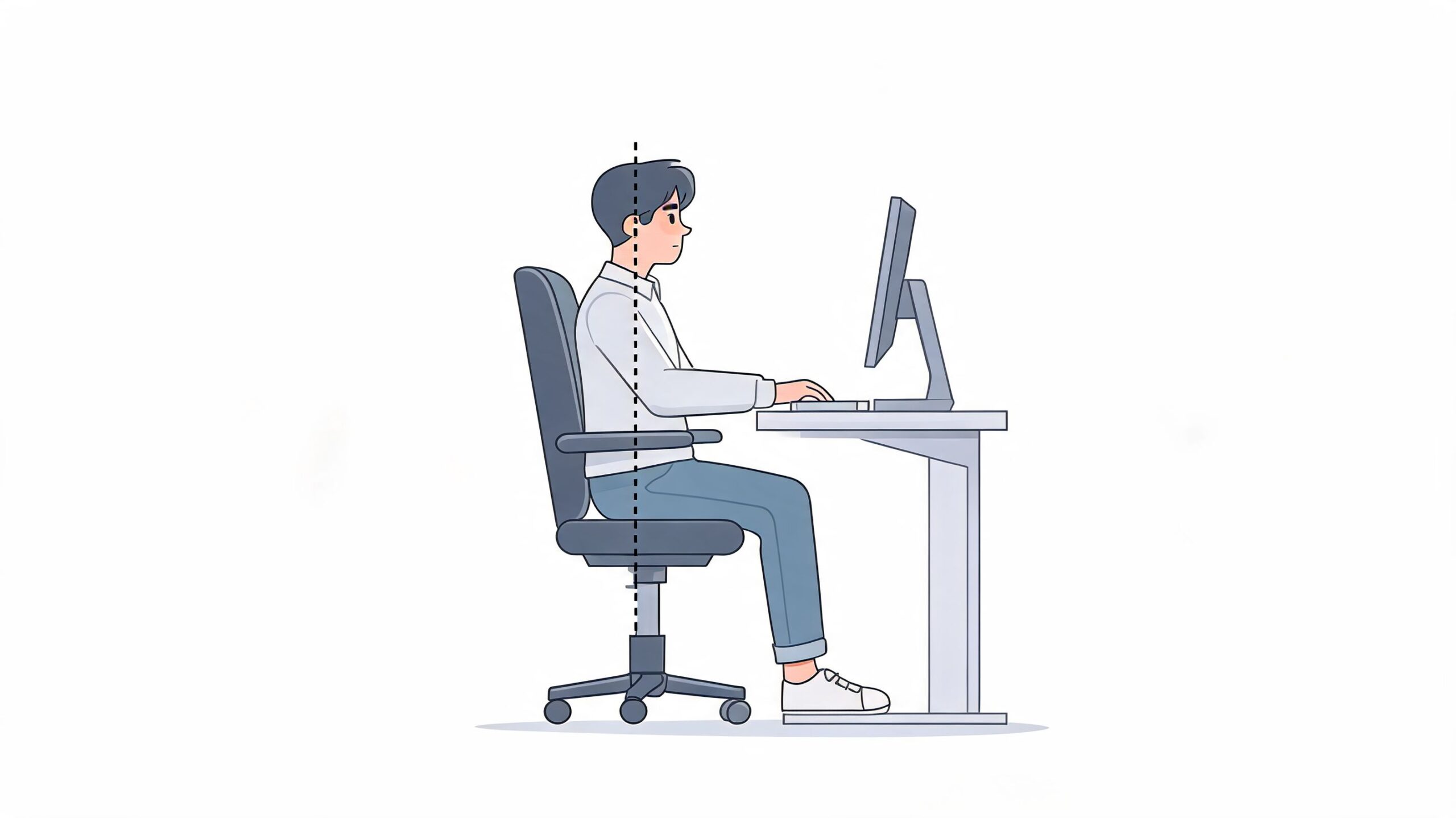 A side view illustration of a person sitting with good posture at a home office desk.