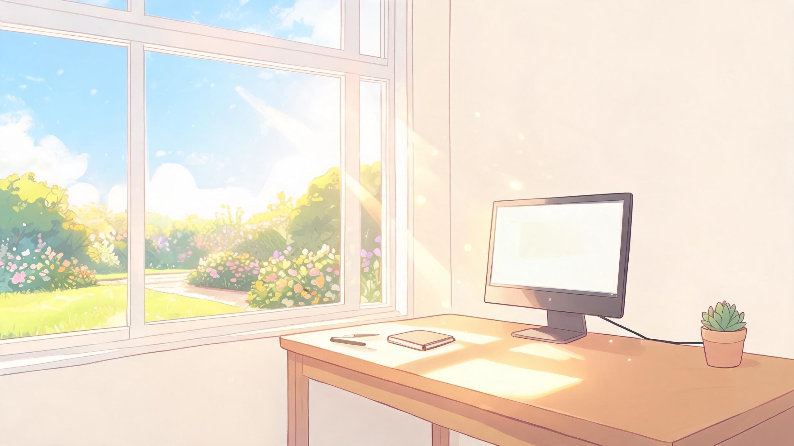A serene home office desk with a computer, notebook, and succulent placed by a sunlit window