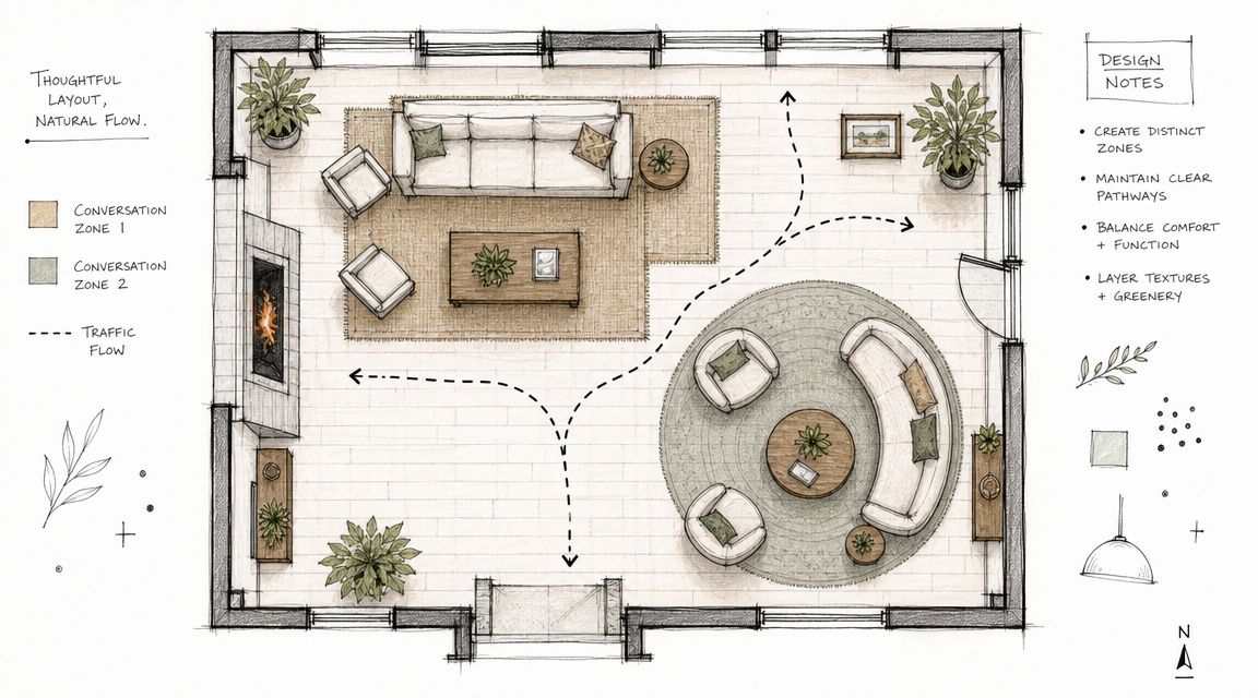 A hand-drawn floor plan of a living room layout showing two distinct conversational seating zones.