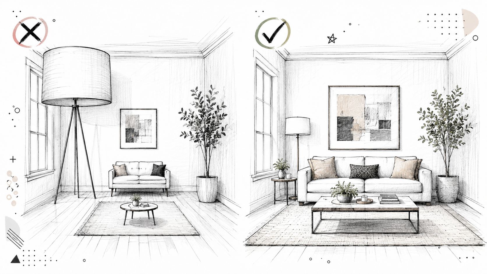 A side-by-side comparison sketch showing an incorrectly scaled living room layout versus a balanced, well-proportioned furniture arrangement.