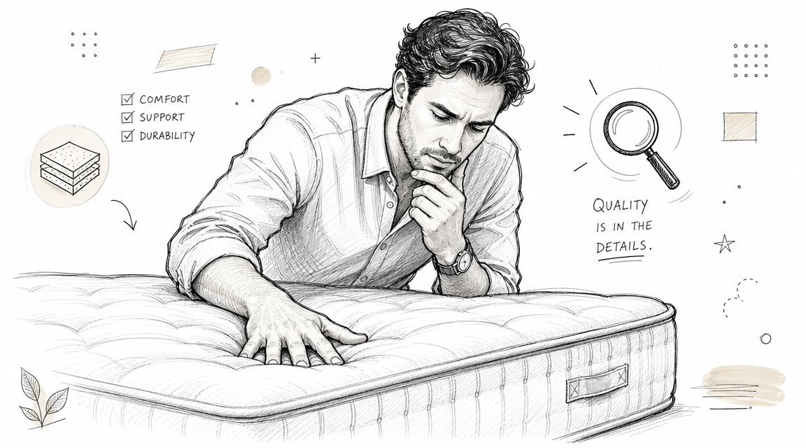 A man thoughtfully inspecting a mattress, emphasizing quality, support, and durability in a detailed sketch illustration.