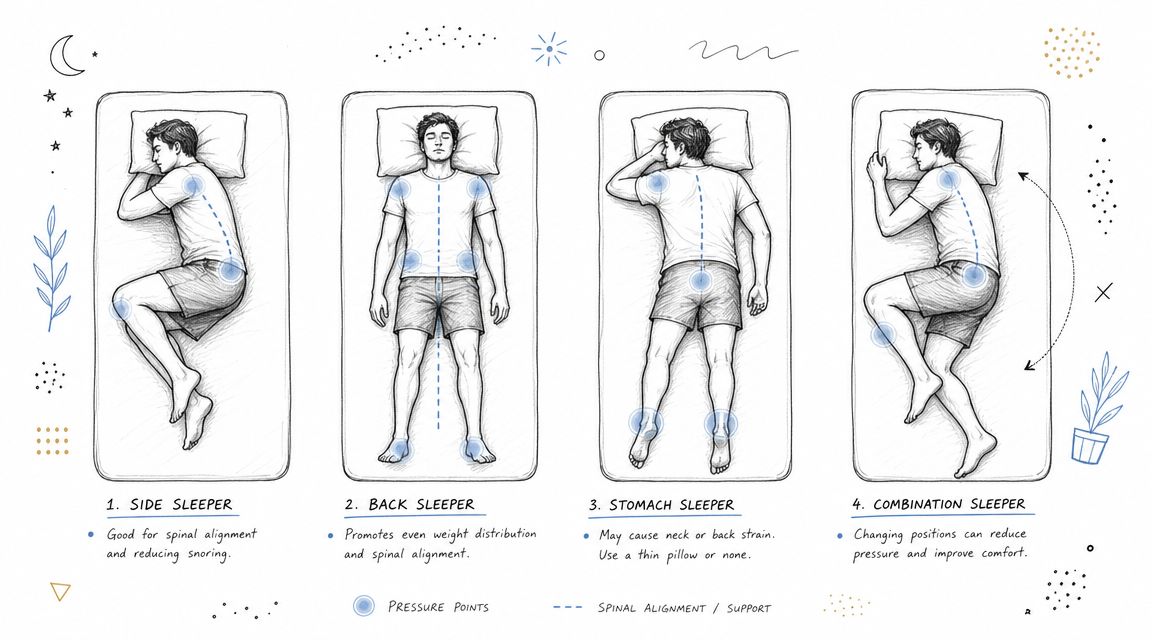 A diagram illustrating four common sleeping positions: side, back, stomach, and combination, highlighting pressure points and spinal alignment.