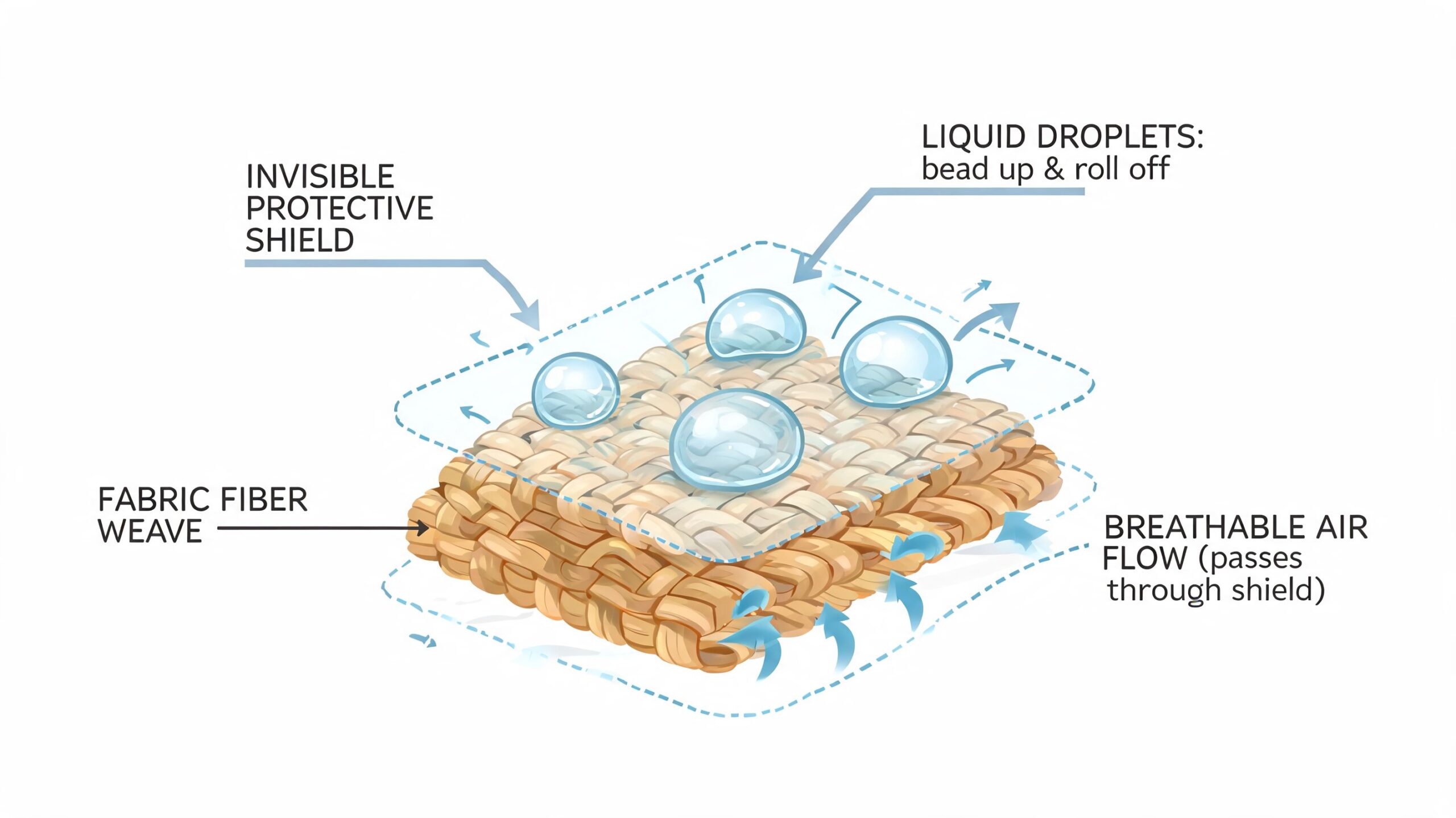 A diagram illustrating how a performance fabric repellent shield beads liquid while allowing air to flow.