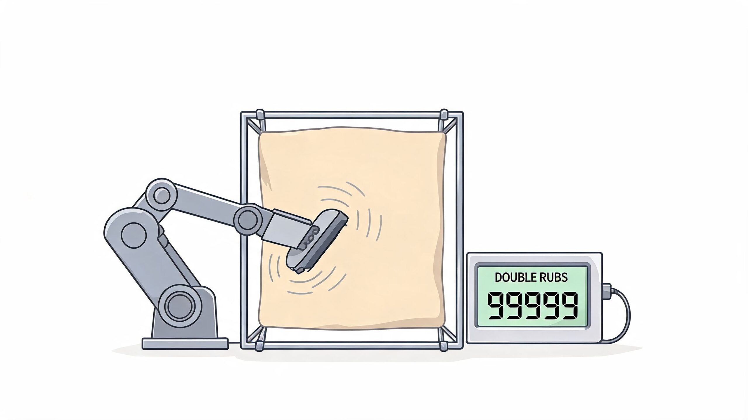 A robotic arm testing the durability of a performance upholstery fabric with a digital double rub counter.