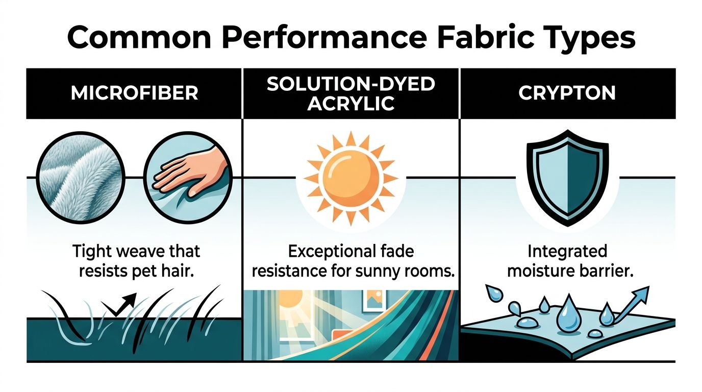 A chart comparing microfiber, solution-dyed acrylic, and Crypton performance fabrics for furniture upholstery.