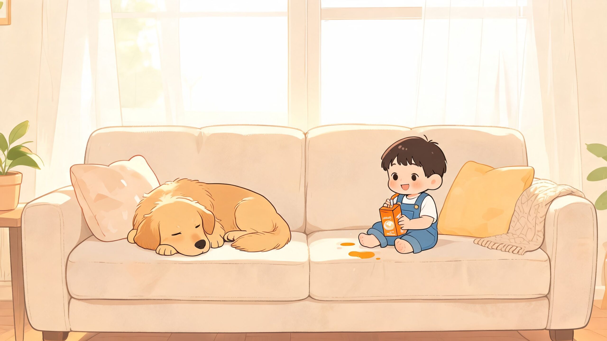 A cute toddler sitting on a beige couch drinking juice next to a sleeping golden retriever dog.