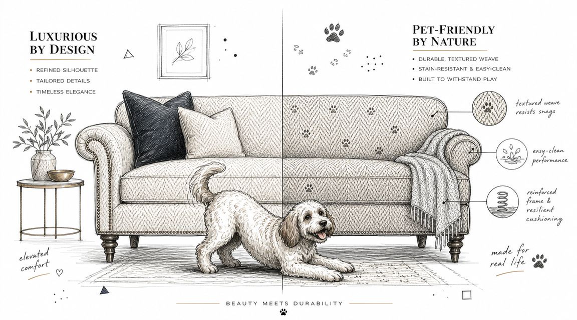 A detailed sketch of a stylish, pet-friendly sofa with a dog playing in front of it.