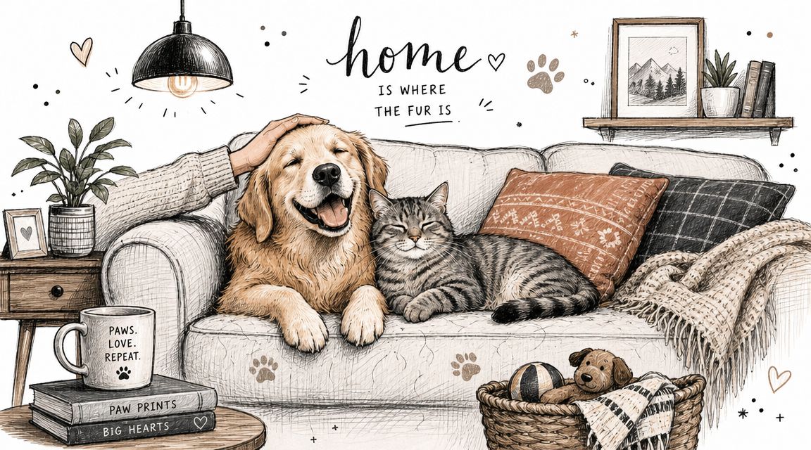 A cozy illustration of a golden retriever and a tabby cat sitting together on a soft couch.