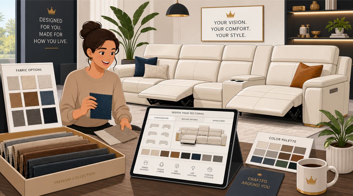 A woman designing a custom power sectional recliner sofa using a tablet and fabric swatches in a showroom.