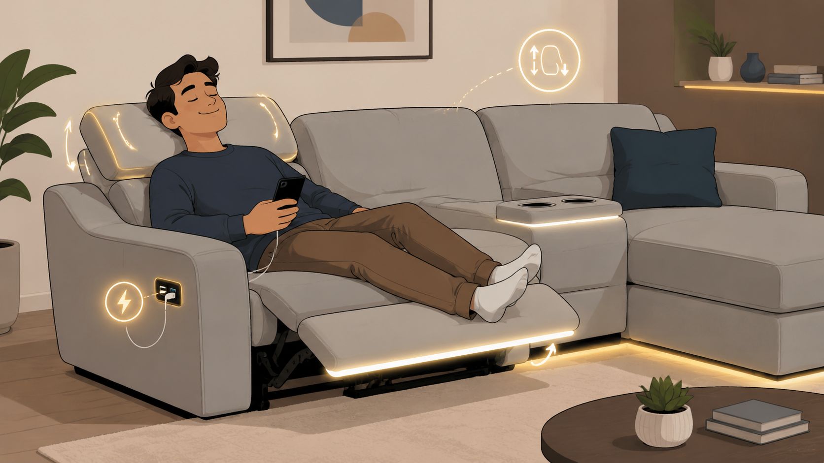 A relaxed man sitting on a modern power sectional recliner with built-in phone charging ports and footrest.