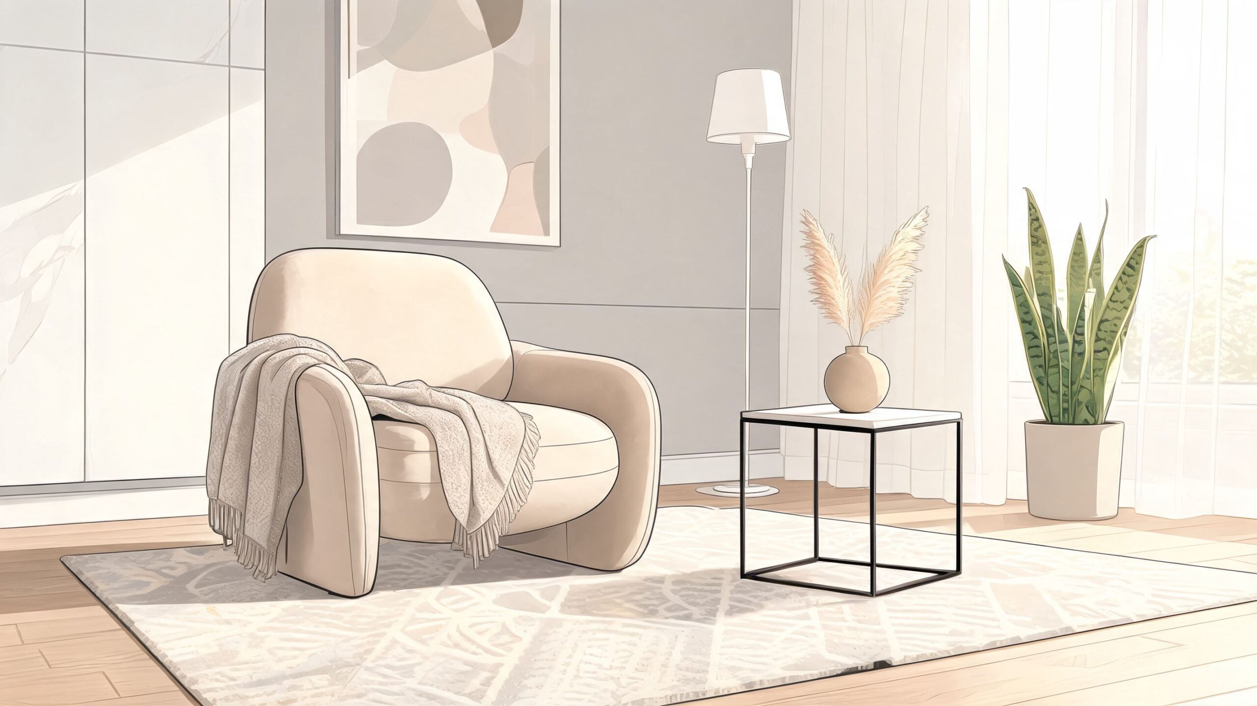 A modern beige armchair with a throw blanket next to a side table with pampas grass decor.