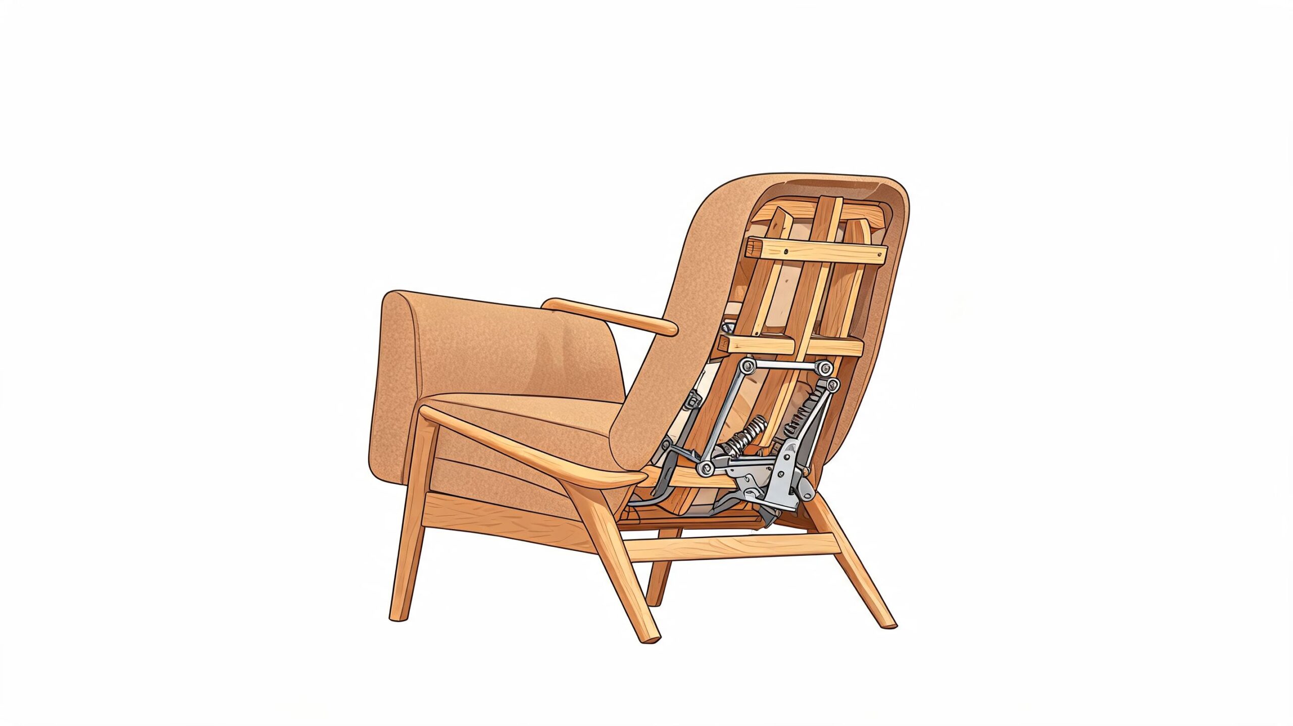 A cutaway illustration of a mid-century modern armchair showing the internal reclining mechanism and wooden frame structure.