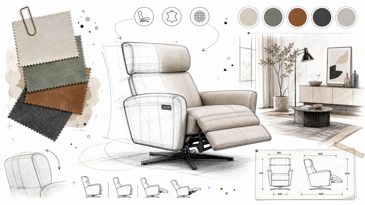 A professional furniture design mood board featuring a modern recliner, fabric swatches, and technical dimension drawings.