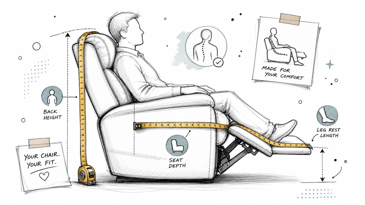 A diagram illustrating how to measure a recliner chair for optimal comfort and proper ergonomic lumbar support.