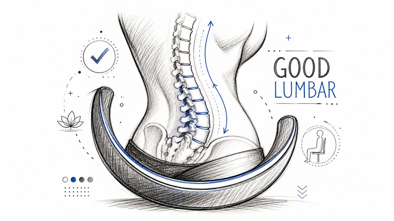 An anatomical illustration showing proper lumbar spine alignment while seated in a supportive ergonomic chair.