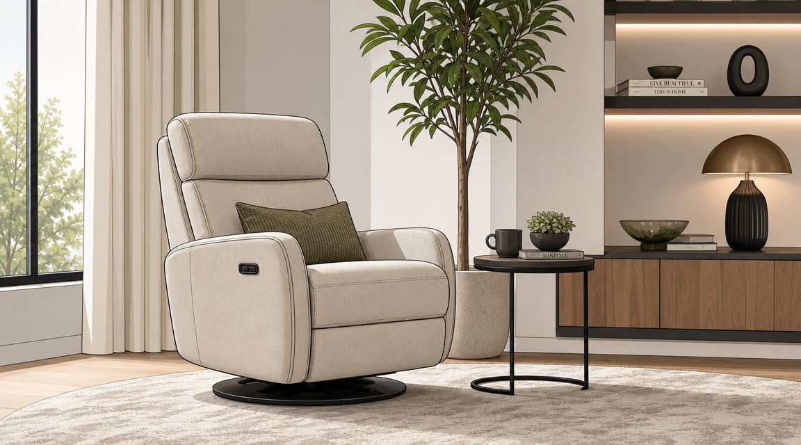 A modern cream-colored swivel glider recliner armchair sits on a circular area rug in a stylish living room.