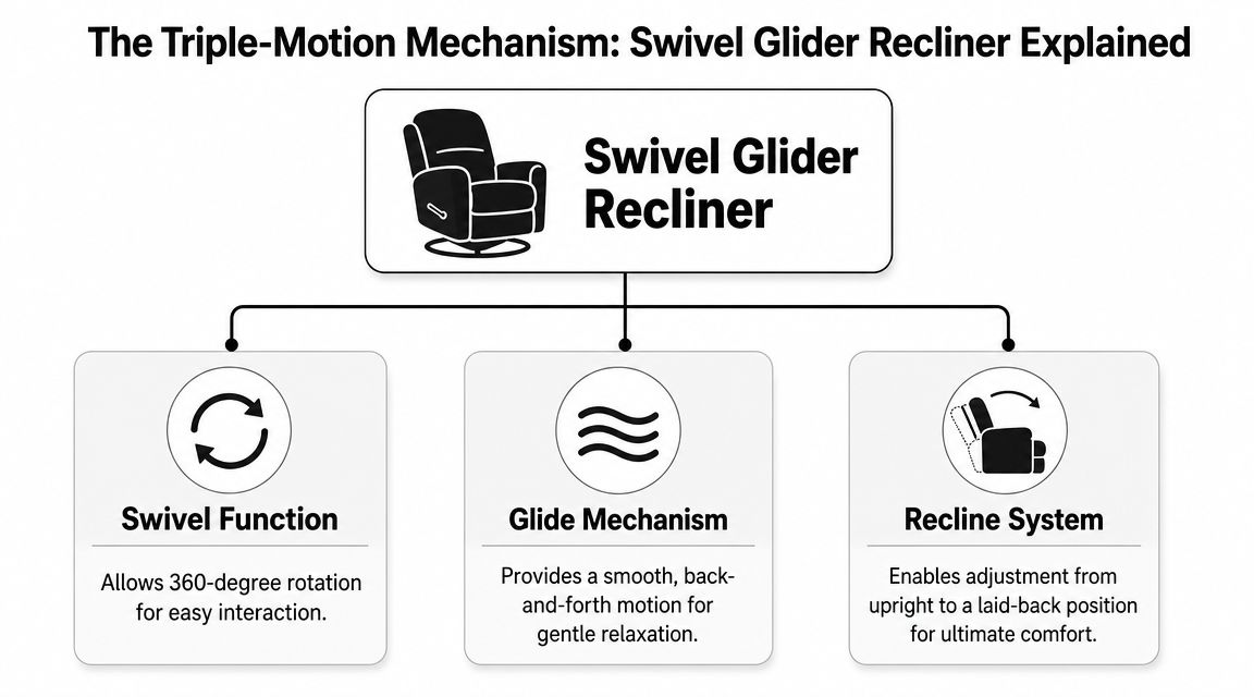 A diagram illustrating the triple-motion mechanism of a swivel glider recliner, explaining its rotation, gliding, and reclining features.