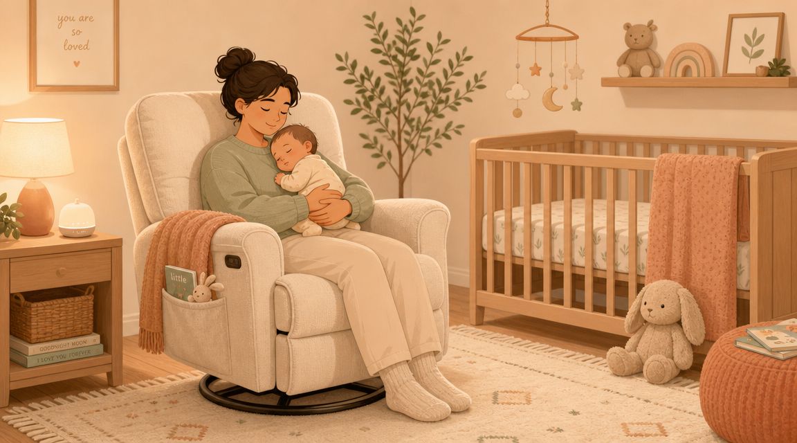 A mother sitting in a cozy swivel glider recliner while holding her sleeping baby in a nursery.