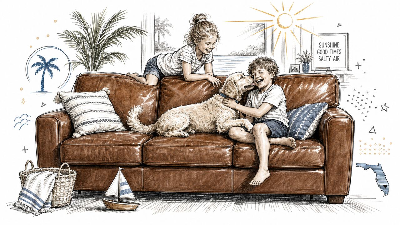 A happy brother and sister playing with their golden retriever on a comfortable brown leather living room sofa.