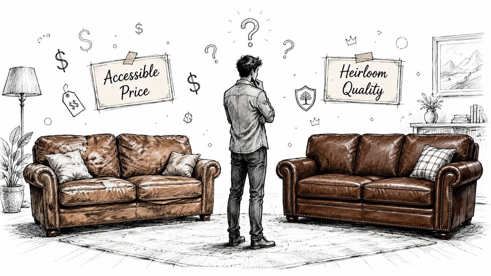 A man standing between two leather sofas, contemplating the choice between accessible price and heirloom quality furniture.