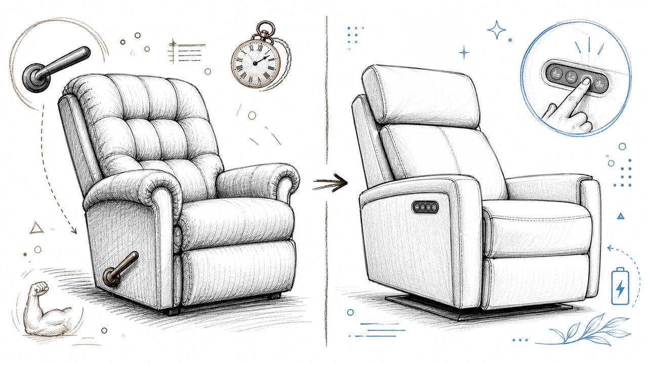 A conceptual illustration contrasting a traditional manual lever-operated recliner chair with a modern electric reclining chair.