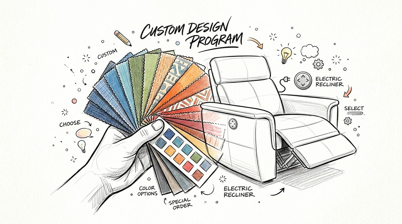 A hand holding a swatch of colorful fabric samples for customizing an electric recliner sofa design.