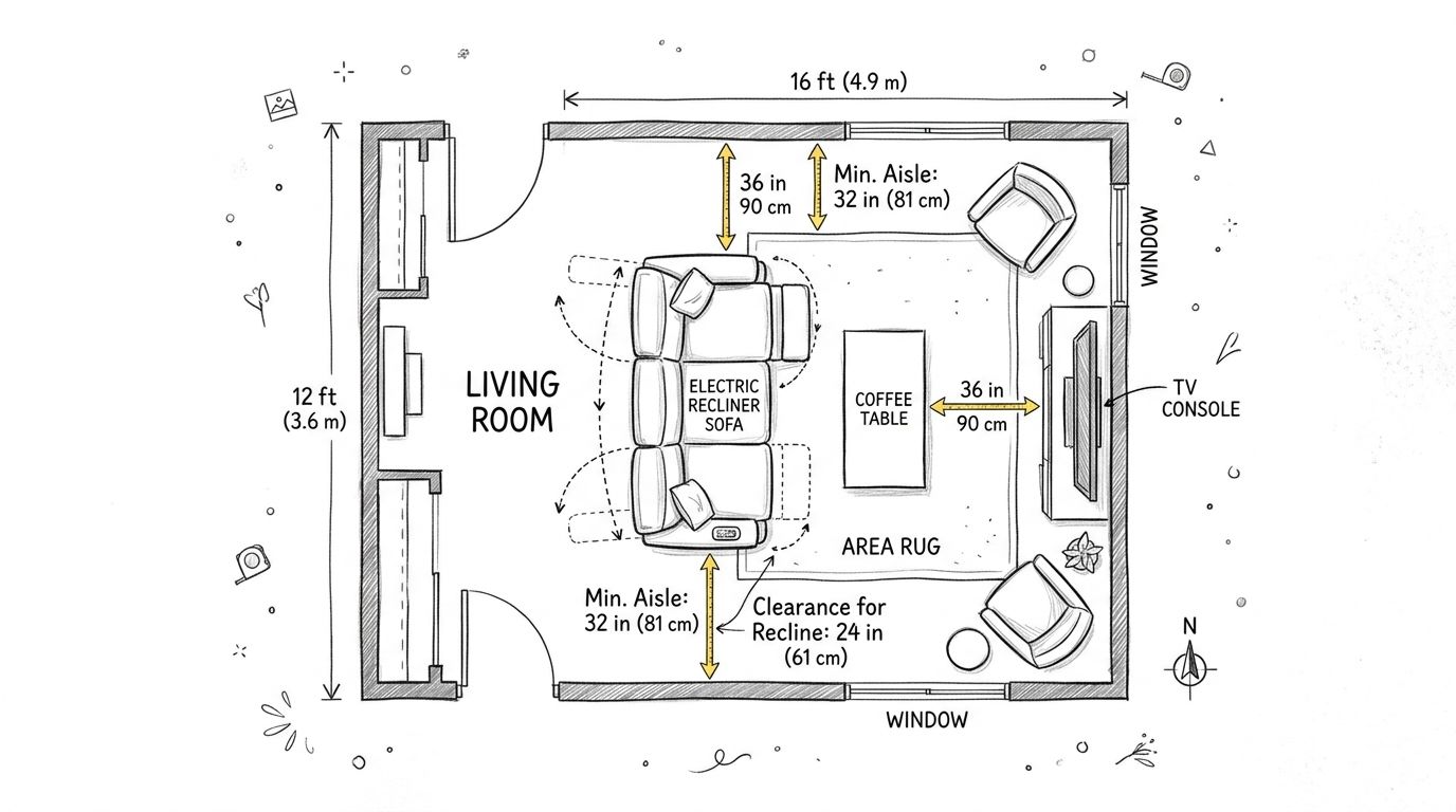 A top-down floor plan layout for a living room featuring an electric recliner sofa and recommended clearances.