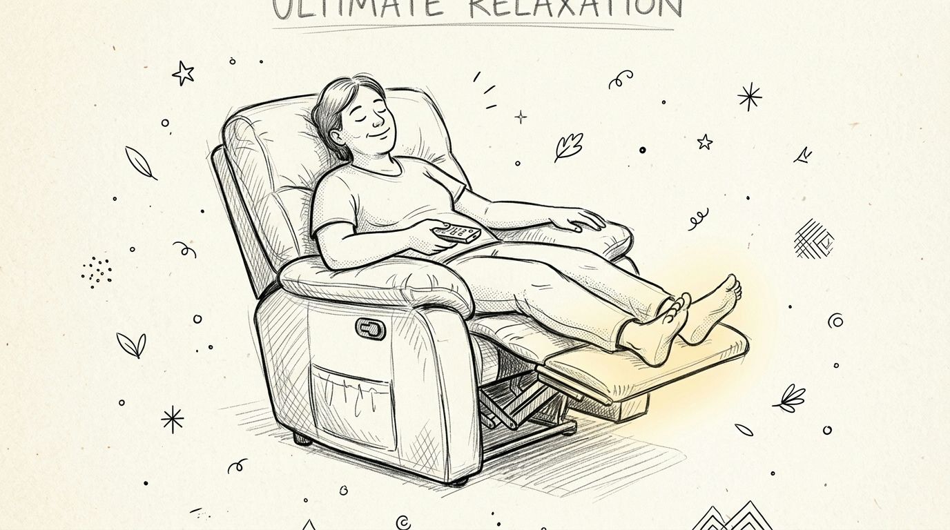 A line art drawing of a person relaxing on a comfortable electric recliner sofa holding a remote.