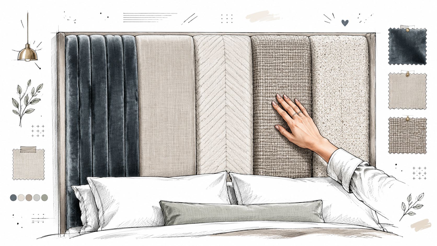 A designer's hand touches textured fabric headboard panels featuring varied materials and neutral tones in a sketch.