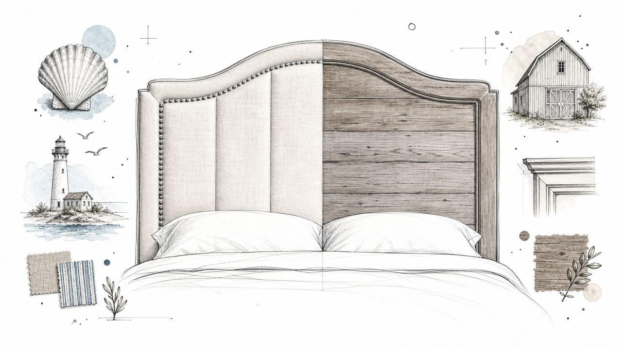 A design board showing a split headboard concept featuring fabric upholstery on one side and wood on other.