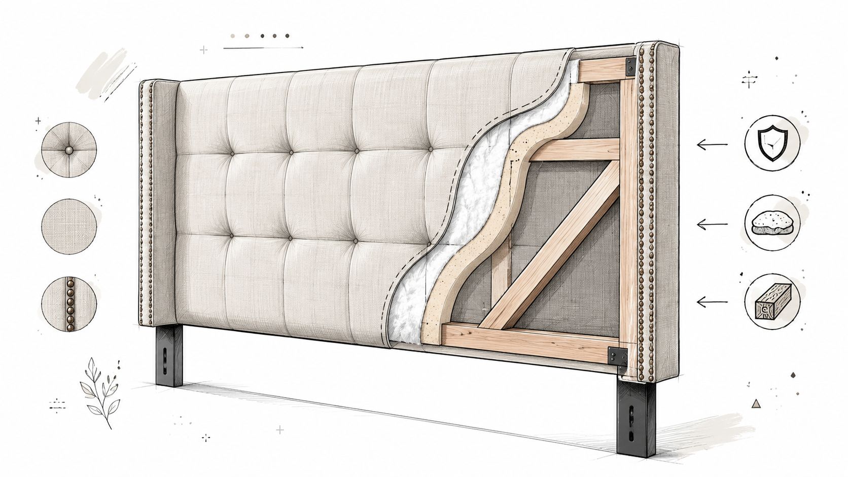 A detailed technical illustration showing the layers and structural construction of an upholstered fabric headboard.