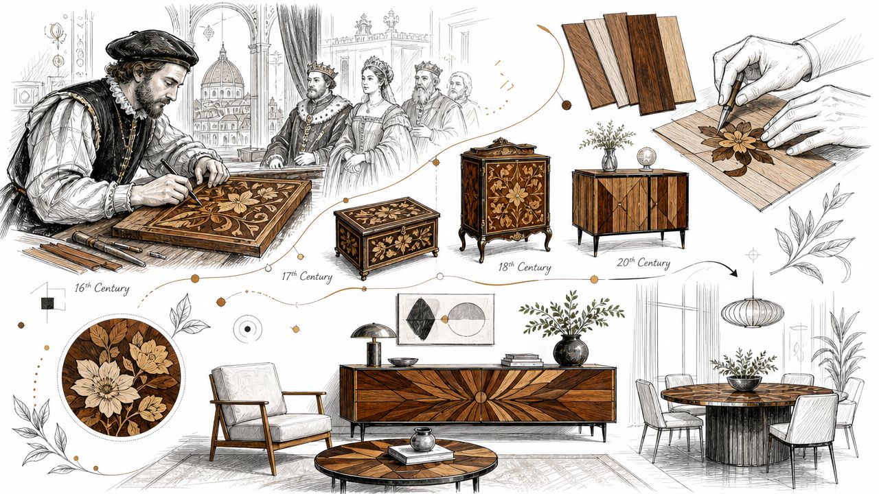 An artistic timeline illustration showing the history and craftsmanship of wooden marquetry furniture from the Renaissance to modern times.