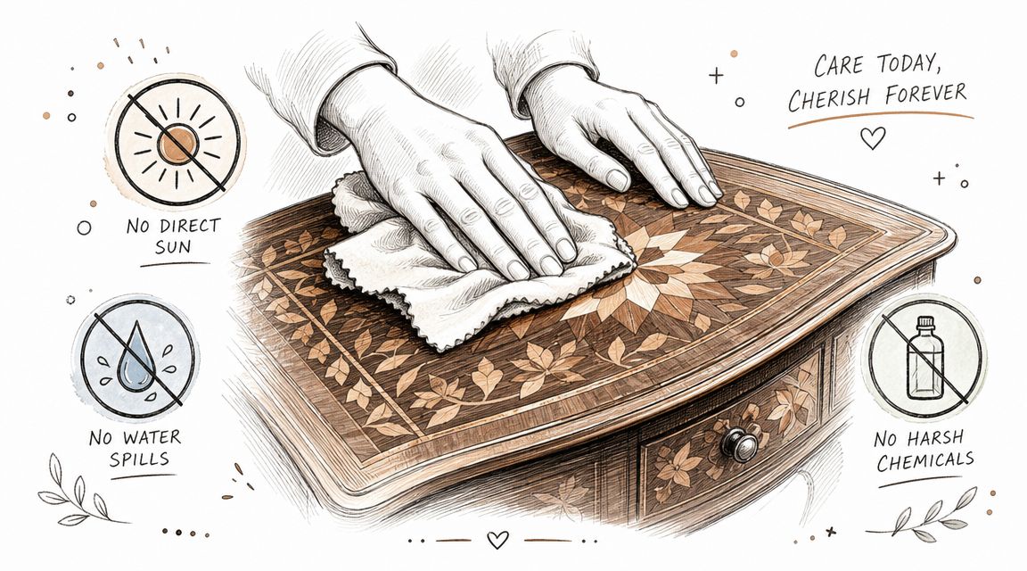 A hand wipes a wooden table with marquetry inlay, surrounded by care instructions to preserve furniture quality.