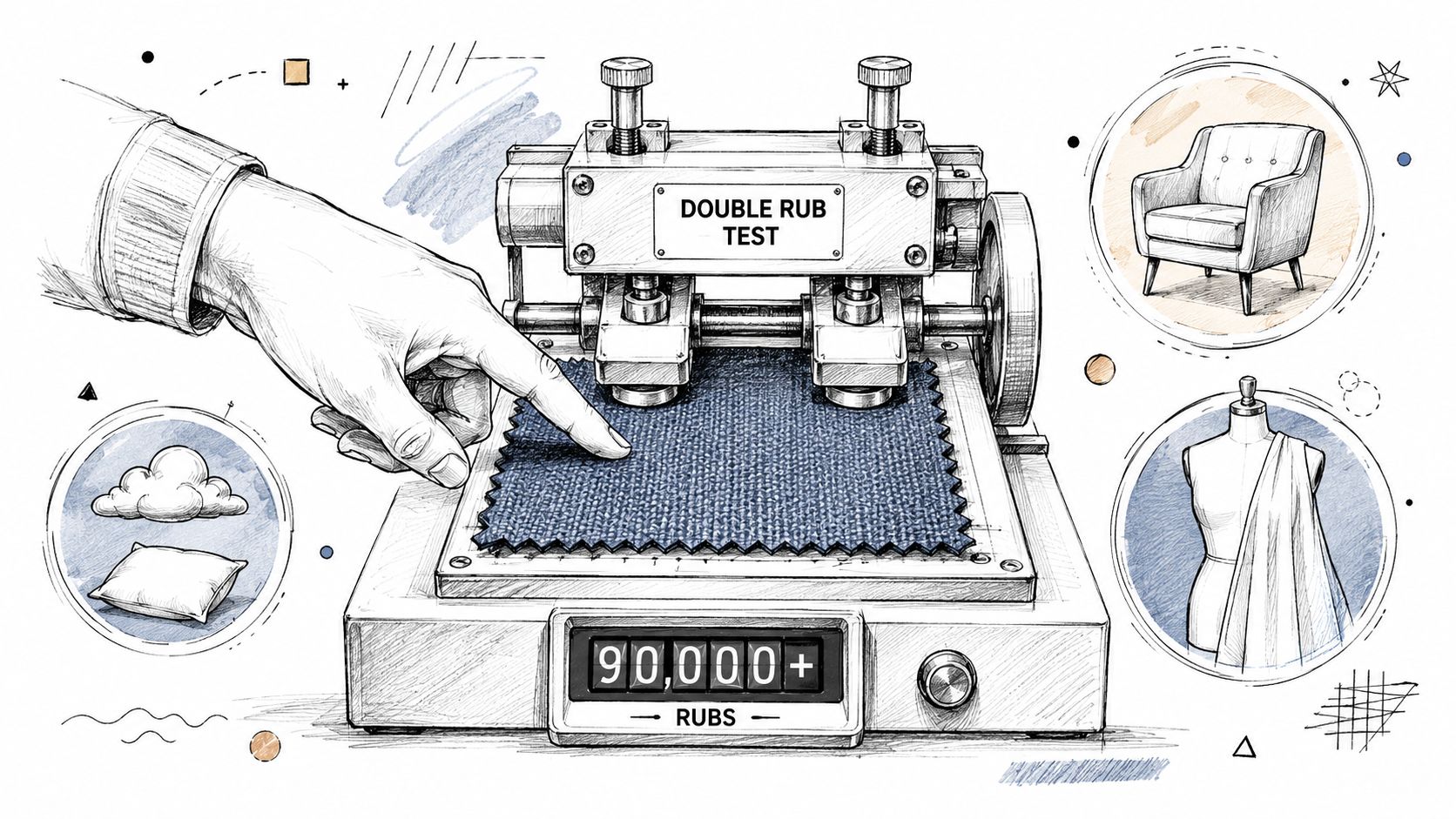 A hand testing a durable blue fabric on a mechanical machine showing a 90,000 double rub test count.