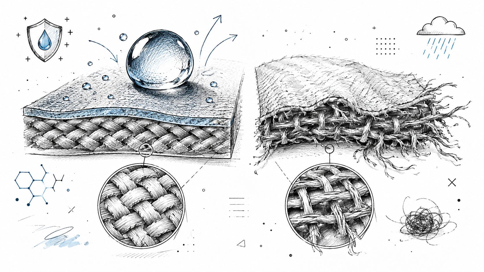 A detailed technical illustration comparing waterproof fabric with regular woven fabric structure for performance furniture.