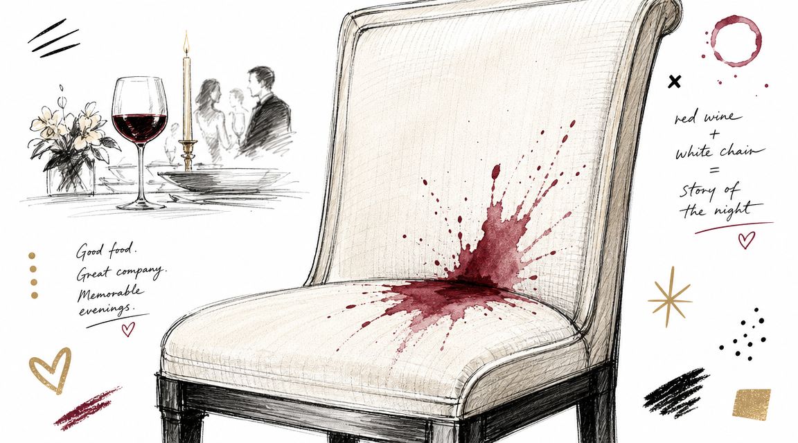 A pencil-style illustration showing a wine stain on a white dining chair next to a dinner setting.